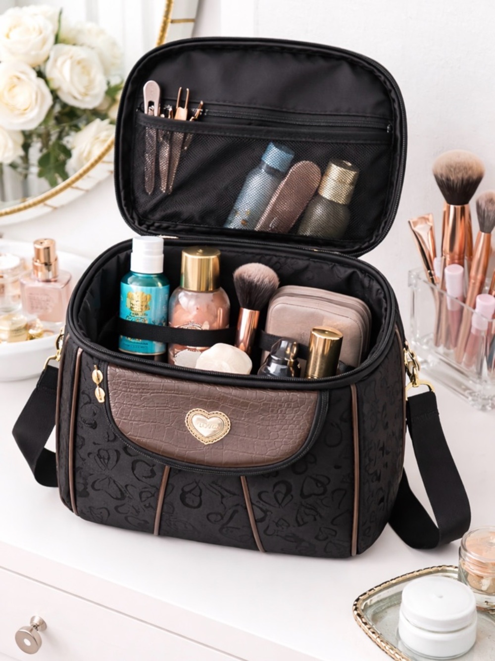 Love Black and Brown Cosmetic Travel Case with Gold Heart Accent